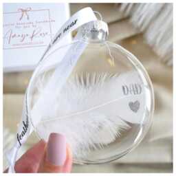 Dad Memory Christmas Bauble. Gift Boxed Personalised White Feather. in Of Xmas Tree Hanging Glass Ornament. Remembrance Sympathy - thumbnail 2
