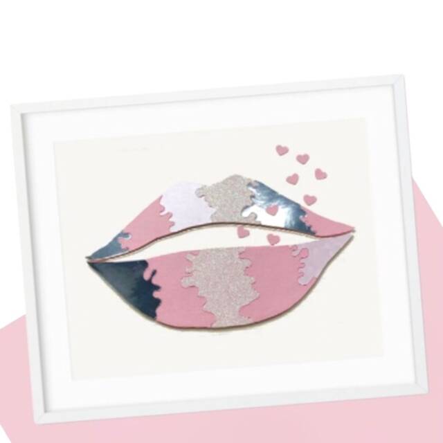 Original Pink Lips Wall Art, & Silver Textured Funky Decor, Lips Artwork With Hearts Kisses - image 1