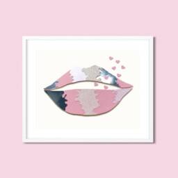 Original Pink Lips Wall Art, & Silver Textured Funky Decor, Lips Artwork With Hearts Kisses - thumbnail 2