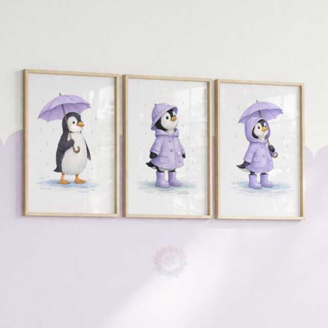 Penguin Nursery Prints - Set Of 3 Purple Girls Wall Art, Girl Animal Decor - image 1