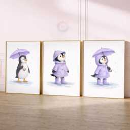 Penguin Nursery Prints - Set Of 3 Purple Girls Wall Art, Girl Animal Decor - thumbnail 2