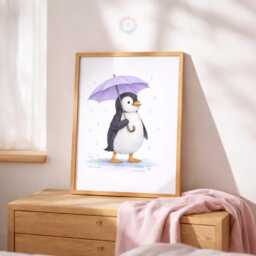 Penguin Nursery Prints - Set Of 3 Purple Girls Wall Art, Girl Animal Decor - thumbnail 3
