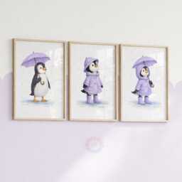 Penguin Nursery Prints - Set Of 3 Purple Girls Wall Art, Girl Animal Decor