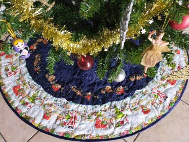 Blue Christmas Tree Skirt, Quilted Santa Design - image 1