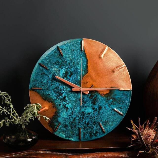 Copper Wall Clock Blue Patina - Anniversary Gift Housewarming Silent Homewares Home Decor Hayes - image 1