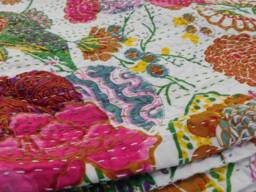 White Tropical Kantha Bed Cover Hand-stitched Cotton Bedspread Throw - thumbnail 1
