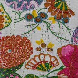 White Tropical Kantha Bed Cover Hand-stitched Cotton Bedspread Throw - thumbnail 4