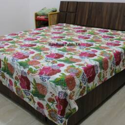 White Tropical Kantha Bed Cover Hand-stitched Cotton Bedspread Throw - thumbnail 2