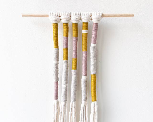 Boho Yarn Wrapped Tassel Wall Hanging, Pastel Rope Decor With Fringe, Vertical Fringed Art Housewarming Gift - image 1