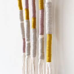 Boho Yarn Wrapped Tassel Wall Hanging, Pastel Rope Decor With Fringe, Vertical Fringed Art Housewarming Gift - thumbnail 2