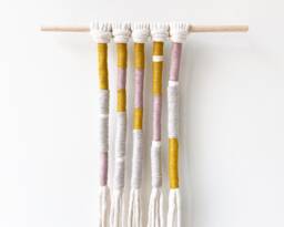 Boho Yarn Wrapped Tassel Wall Hanging, Pastel Rope Decor With Fringe, Vertical Fringed Art Housewarming Gift - thumbnail 1