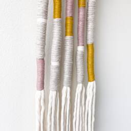 Boho Yarn Wrapped Tassel Wall Hanging, Pastel Rope Decor With Fringe, Vertical Fringed Art Housewarming Gift - thumbnail 3