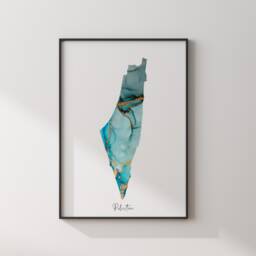 Palestine Map Shades Of Blue & Green With Gold Wall Art Print - thumbnail 3