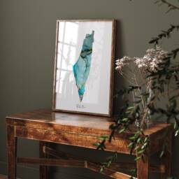 Palestine Map Shades Of Blue & Green With Gold Wall Art Print - thumbnail 2