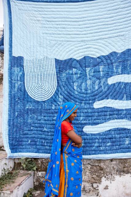 King Cotton Quilt, Hand-Block Printed Kantha Bedspread, Reversible Blue Teal Artisan Bedding - image 1