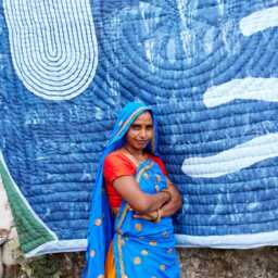 King Cotton Quilt, Hand-Block Printed Kantha Bedspread, Reversible Blue Teal Artisan Bedding - thumbnail 4