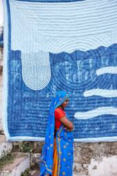 King Cotton Quilt, Hand-Block Printed Kantha Bedspread, Reversible Blue Teal Artisan Bedding - thumbnail 1