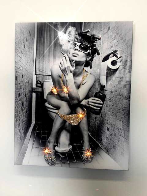 Girl On Toilet Swarovski Crystal Canvas Wall Art, Drinking Toilet Glam Bathroom Bougie W.c - image 1