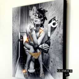 Girl On Toilet Swarovski Crystal Canvas Wall Art, Drinking Toilet Glam Bathroom Bougie W.c - thumbnail 2