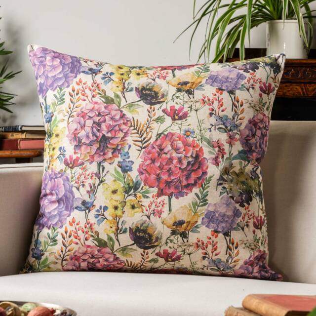 Watercolour Meadow Linen Blend Cushion. Multicoloured Handpainted Style Floral Garden Design in Pinks, Purple & Greens. 17x17 - image 1