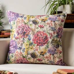 Watercolour Meadow Linen Blend Cushion. Multicoloured Handpainted Style Floral Garden Design in Pinks, Purple & Greens. 17x17