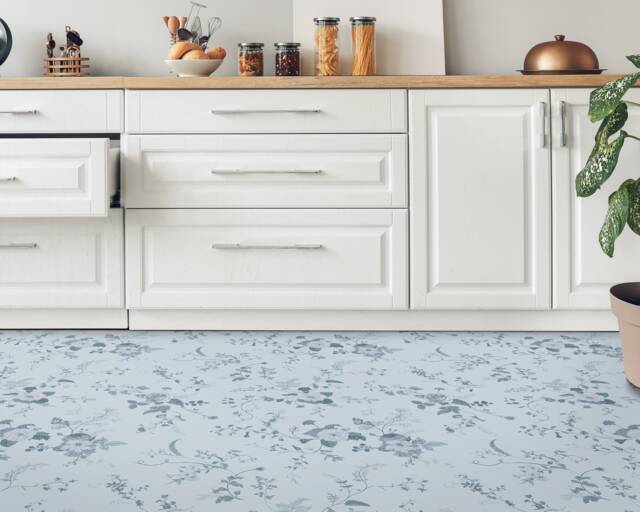 Retro Watery Pattern Flowers Vinyl Flooring, Blue Luxury Gray Nursery Glamorous Office Decor, Comfort Flooring - image 1