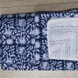 Indian Indigo Kantha Quilt, Handblock Printed Bedspread - 90 X 108 Inches - thumbnail 3