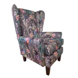 Floral Velvet Wingback Fireside Chair - Mahogany Legs