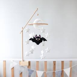 Bat Baby Mobile For Crib, Halloween Nursery Decor, Felt Moon & Stars Mobile, Gender Neutral Shower Gift, Goth Gothic, Forest Animals - thumbnail 1
