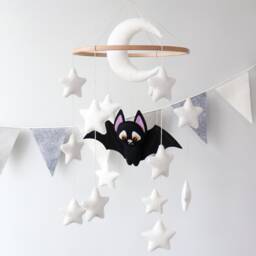 Bat Baby Mobile For Crib, Halloween Nursery Decor, Felt Moon & Stars Mobile, Gender Neutral Shower Gift, Goth Gothic, Forest Animals - thumbnail 2