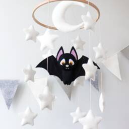 Bat Baby Mobile For Crib, Halloween Nursery Decor, Felt Moon & Stars Mobile, Gender Neutral Shower Gift, Goth Gothic, Forest Animals - thumbnail 3