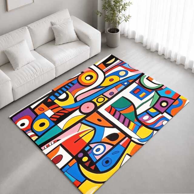 Colourful Abstract Cubist Geometric Artwork Rug Non-Slip Soft Area Carpet Bedroom Living Room Hallway Mat Decor - Made in UK - image 1