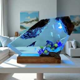 Blue Ocean Resin Night Light, Epoxy Humpback Whale Jellyfish Art Decor Bedside Wood Lamp - thumbnail 3
