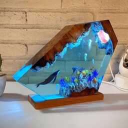 Blue Ocean Resin Night Light, Epoxy Humpback Whale Jellyfish Art Decor Bedside Wood Lamp - thumbnail 4
