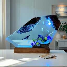 Blue Ocean Resin Night Light, Epoxy Humpback Whale Jellyfish Art Decor Bedside Wood Lamp