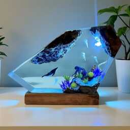 Blue Ocean Resin Night Light, Epoxy Humpback Whale Jellyfish Art Decor Bedside Wood Lamp - thumbnail 2
