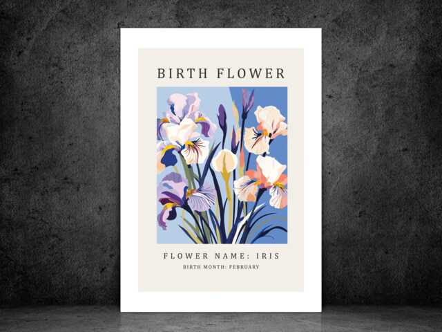 Birth Flower Print February Iris - Birthday Month Poster Botanical Wall Art Gift Idea A5 A4 A3 Framed Or Unframed - image 1