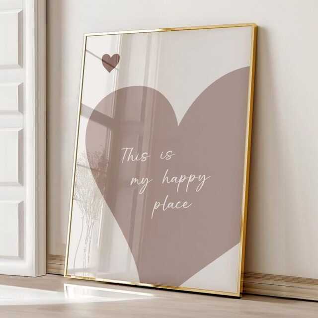 Happy Place Print Beige Wall Art Bedroom Heart Aesthetic Kitchen Poster Living Room - image 1