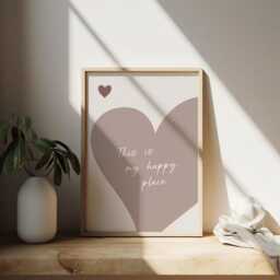 Happy Place Print Beige Wall Art Bedroom Heart Aesthetic Kitchen Poster Living Room - thumbnail 3