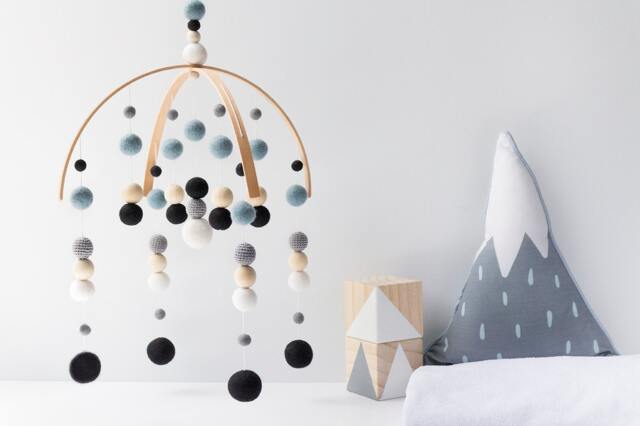 Navy Blue & Black Baby Mobile - Boy Felt Pom Crib Grey Boys Minimalist Nursery Cot Wooden Arch Ceiling Decor - image 1