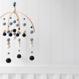 Navy Blue & Black Baby Mobile - Boy Felt Pom Crib Grey Boys Minimalist Nursery Cot Wooden Arch Ceiling Decor - thumbnail 2