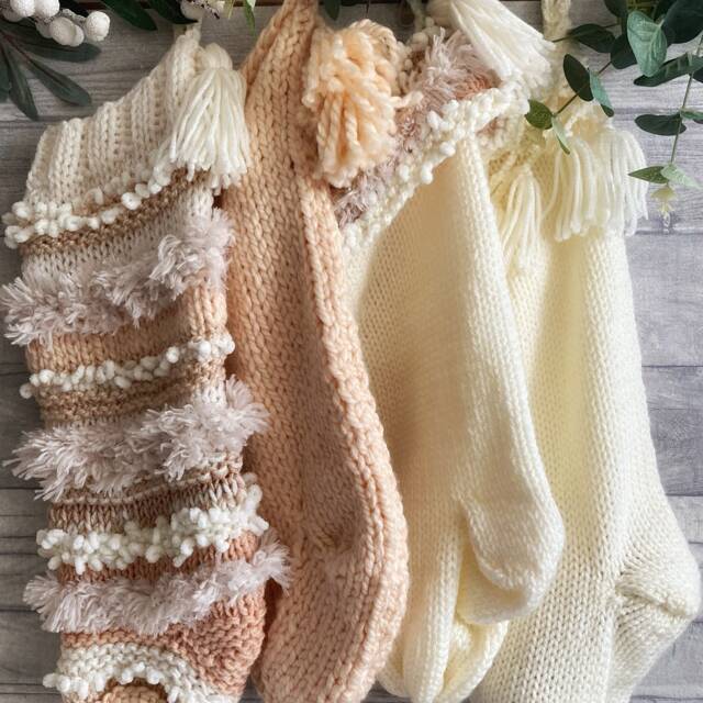 Chunky Knit Christmas Stockings, Family Set Of Four, Cream & Peach Cozy Mantel Decor - image 1