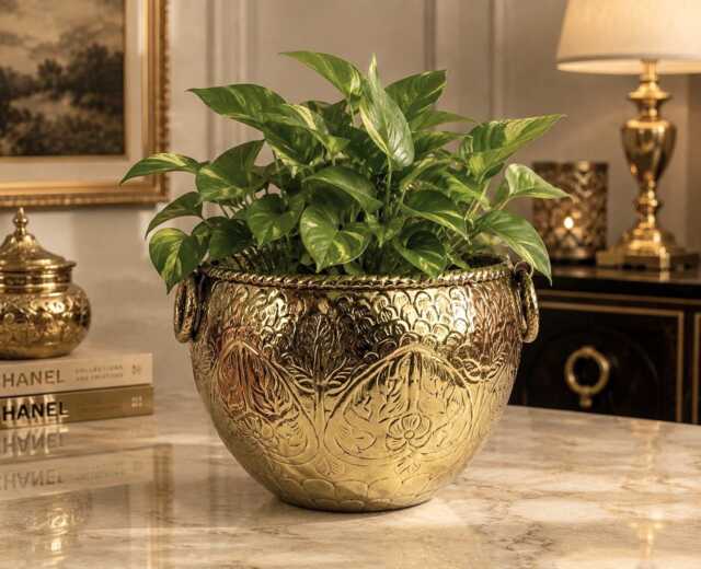 Handcrafted Carved Brass Planter - Ornate Golden Plant Container Decorative Flower Pot Traditional For Home & Office D??cor - image 1