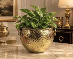 Handcrafted Carved Brass Planter - Ornate Golden Plant Container Decorative Flower Pot Traditional For Home & Office D??cor - thumbnail 1
