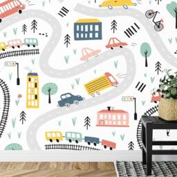 Cars & Trains Nursery Wallpaper Mural, Kids Room Decor, Peel Stick Decal - thumbnail 3