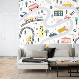 Cars & Trains Nursery Wallpaper Mural, Kids Room Decor, Peel Stick Decal - thumbnail 2
