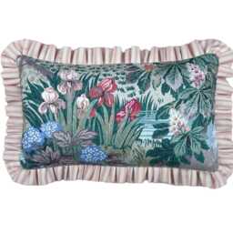 Handmade Floral Lumbar Cushion Jane Churchill Greenway Fabric, Frilled, Pink Ticking, Feather Inner - thumbnail 1