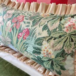 Handmade Floral Lumbar Cushion Jane Churchill Greenway Fabric, Frilled, Pink Ticking, Feather Inner - thumbnail 3