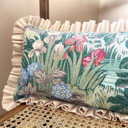 Handmade Floral Lumbar Cushion Jane Churchill Greenway Fabric, Frilled, Pink Ticking, Feather Inner - thumbnail 2
