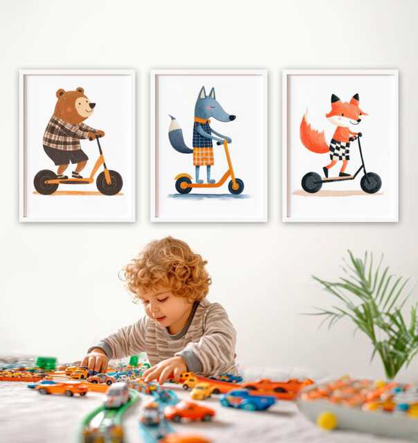 Woodland Animal Scooter Prints Nursery Playroom Wall Art - Set Of 3 - image 1